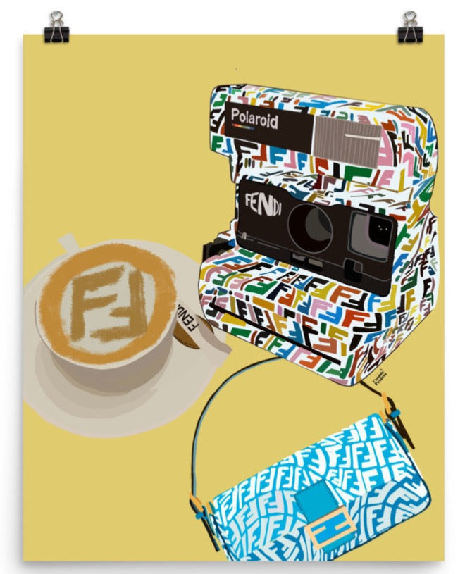 Fendi polaroid, handbag and coffee Poster