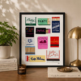 Custom Digitally Hand-Drawn Matchbook Wall Art | One-of-a-Kind Matchbook Collage Poster | Colorful Matchbook Personalized Illustration