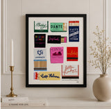 Custom Digitally Hand-Drawn Matchbook Wall Art | One-of-a-Kind Matchbook Collage Poster | Colorful Matchbook Personalized Illustration
