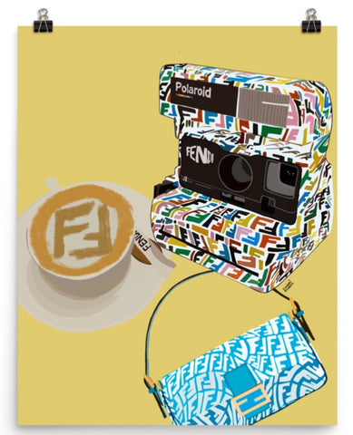 Fendi polaroid, handbag and coffee Poster